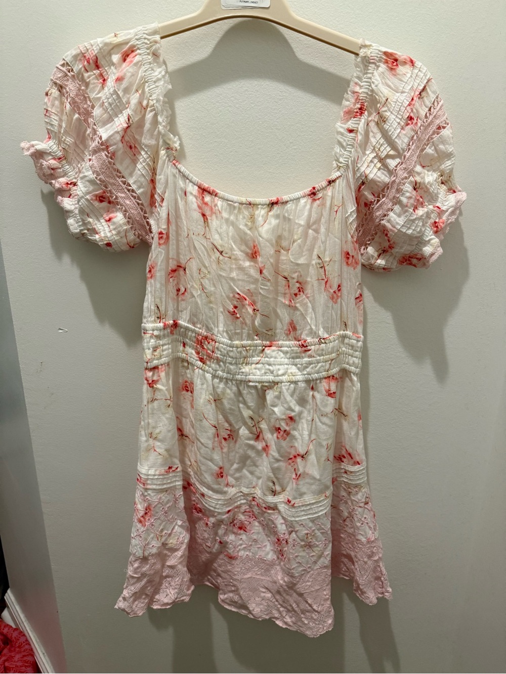 White and Pink Floral Dress with Lace Trim - Picture 3 of 4